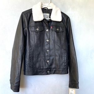 LEVIS Black Vegan Moto Leather Jacket Coat with Removable Shearling Collar